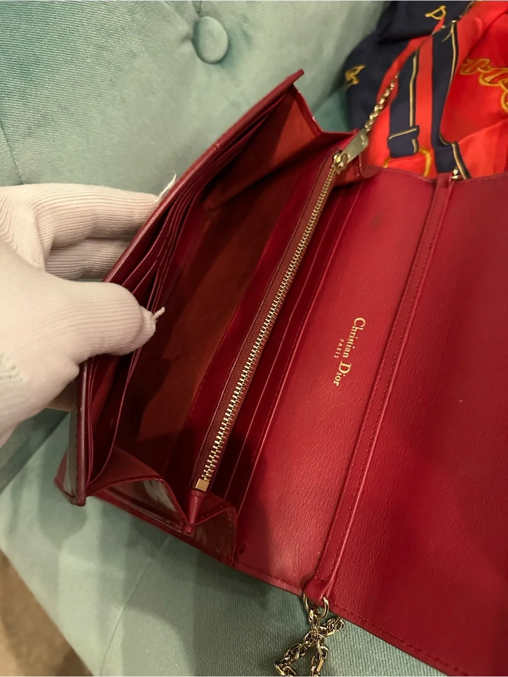 Dior Red Patent Leather Clutch with Gold CD Emblem and Chain
